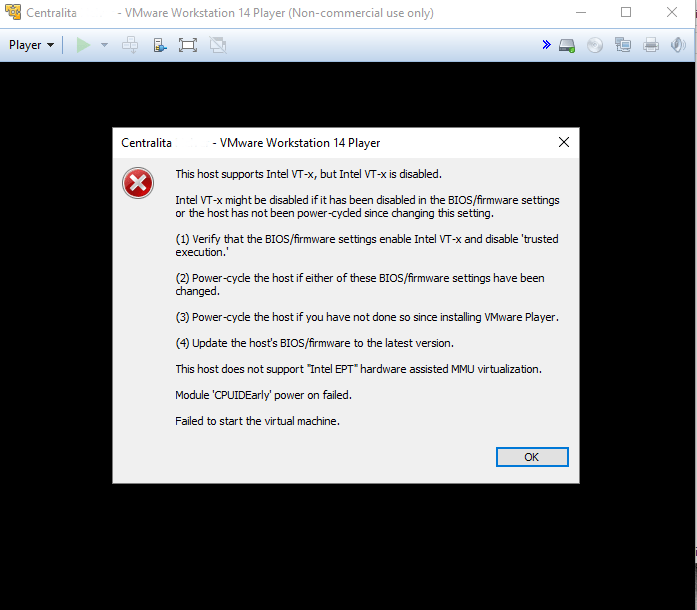 Error en VMWare This host supports Intel VTx, but Intel VTx is