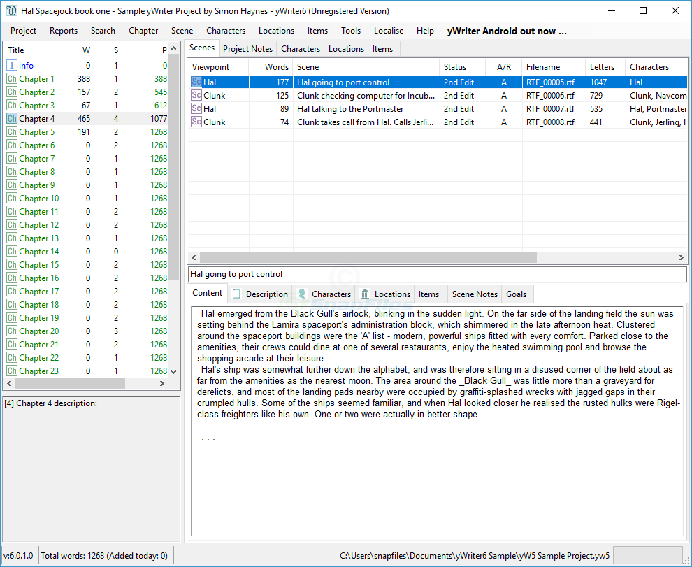 yWriter screenshot and download at