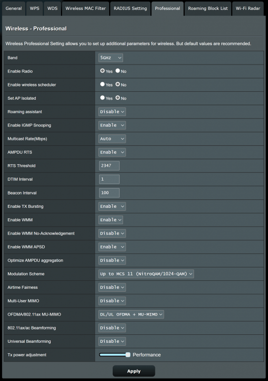 Would appreciate Wireless Professional Setting recommendations of