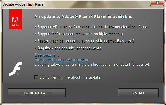 Fake adobe flash player update Scam Virus Alert Pop up