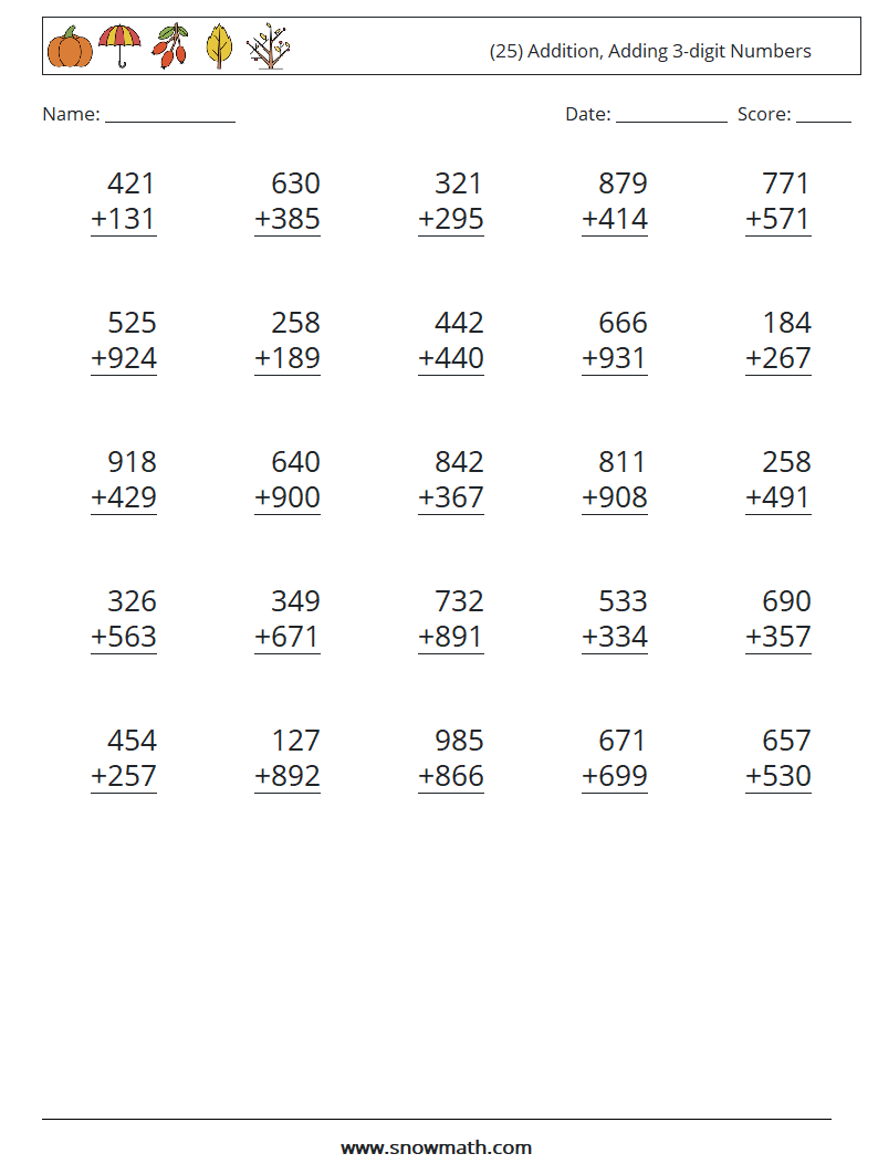 (25) addition, adding 3-digit numbers Math Worksheets, Math Practice