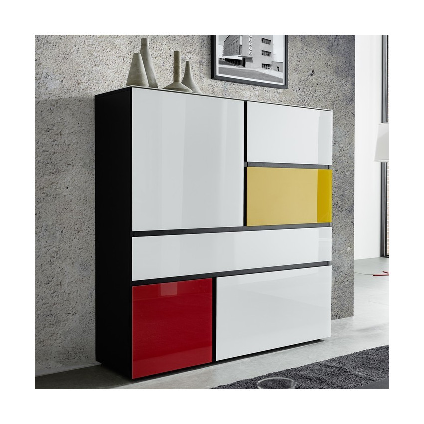 Buffet mondrian jaune et rouge avec de nombreux rangements
