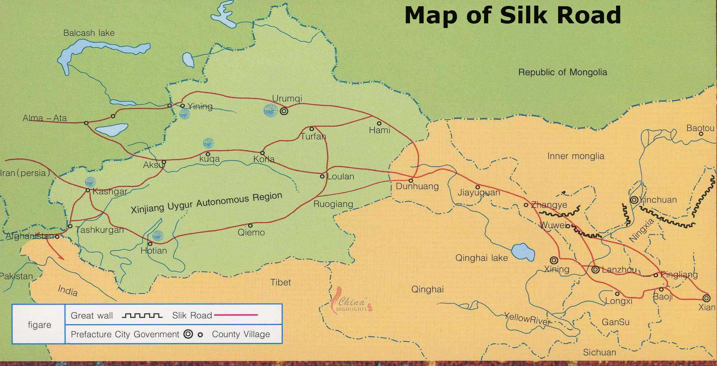 Map of the ancient silk road between China and Europe