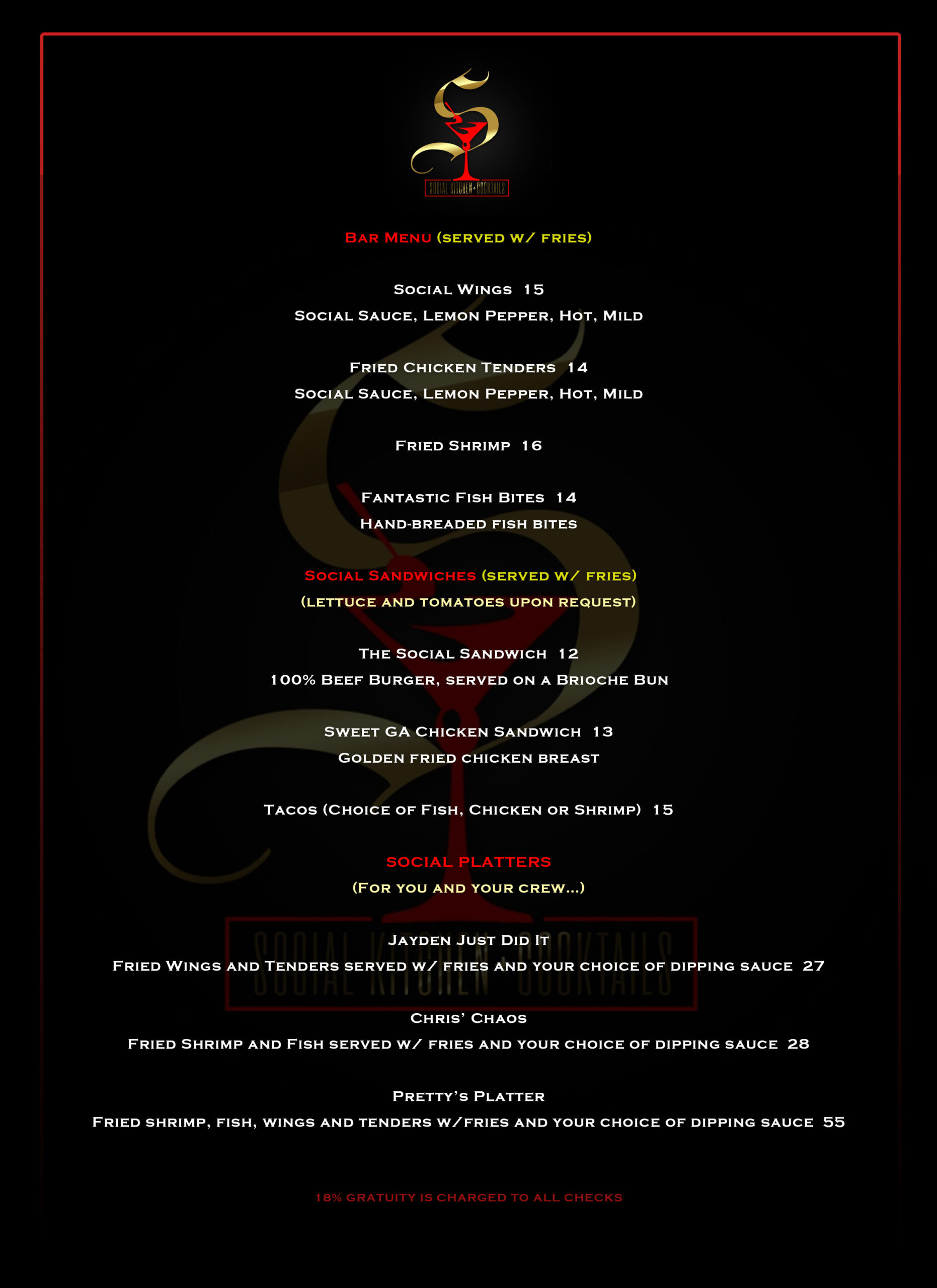 Menu Social kitchen and cocktails