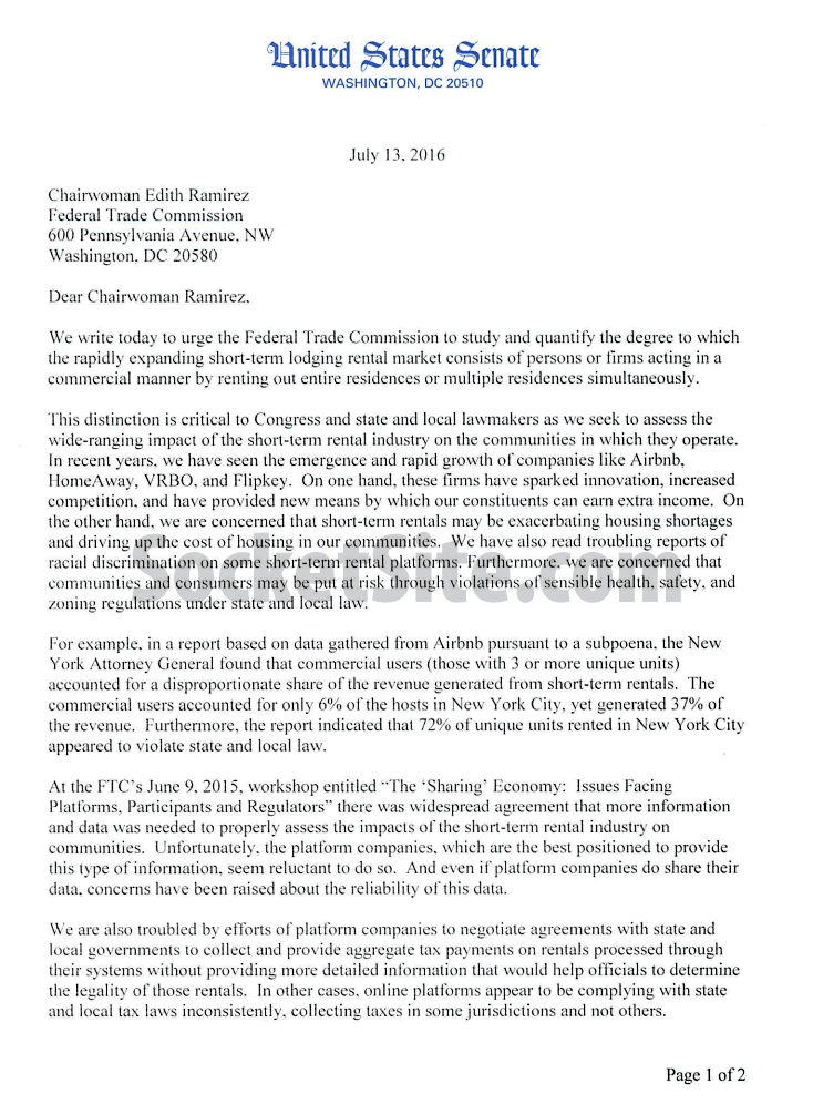 Senators Urge Federal Investigation into Use of Airbnb