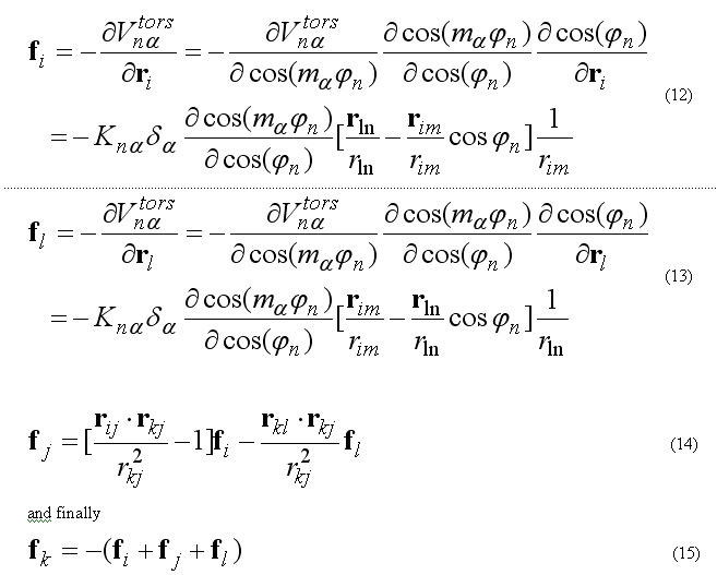 The torsion energy and force are calculated via