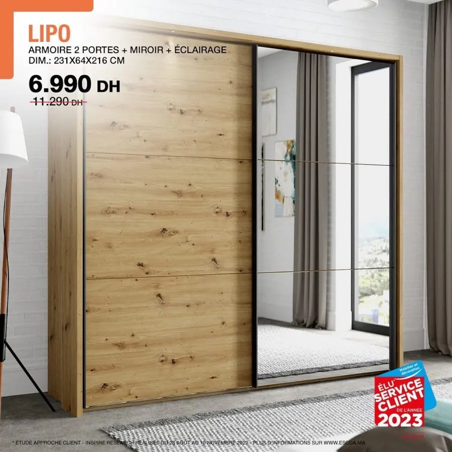 Soldes Kitea Armoire 2 portes + miroir + éclairage LIPO 6990Dhs
