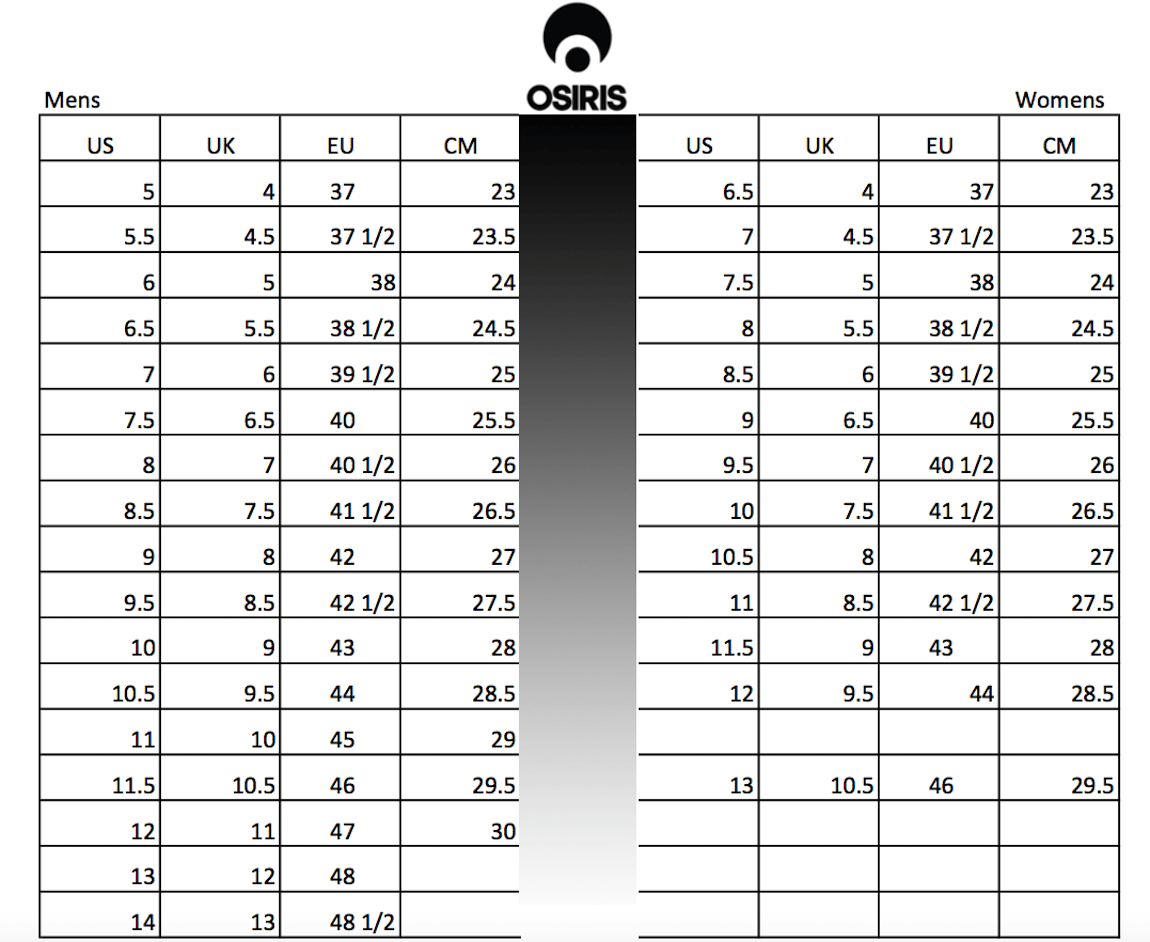 Osiris Shoes Size Conversion Chart Soleracks
