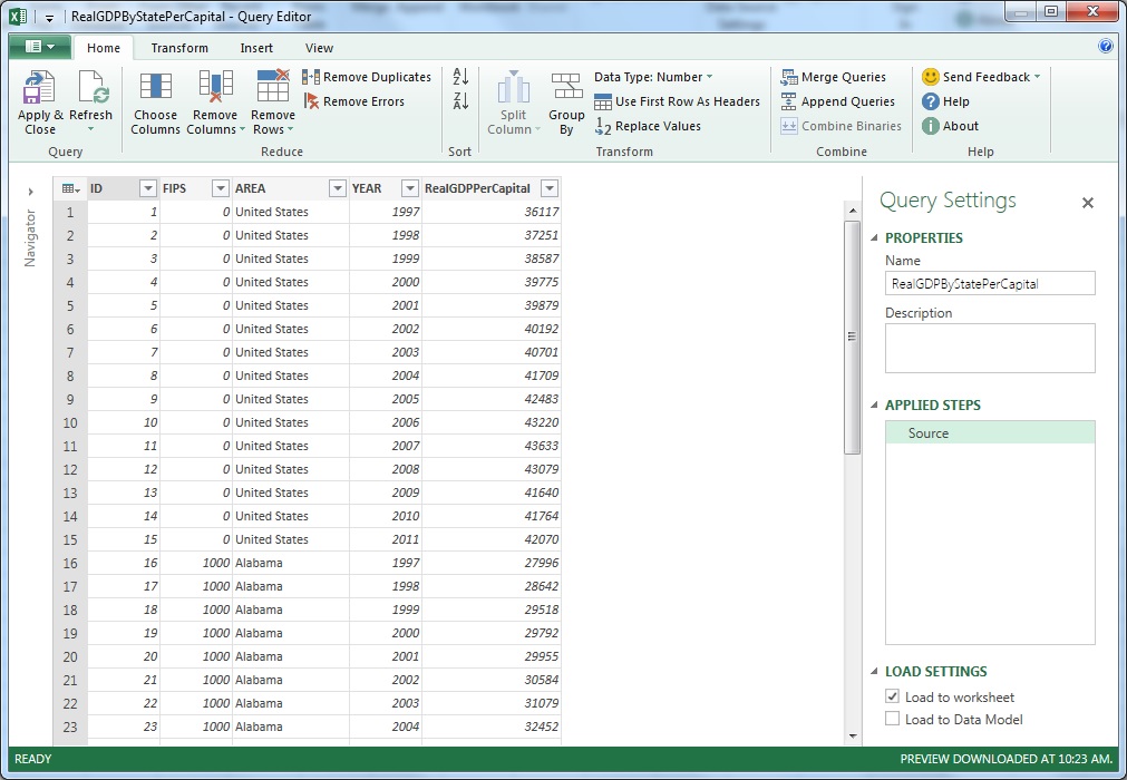Using Microsoft Power Query to Import a Windows Azure Marketplace Dataset solver