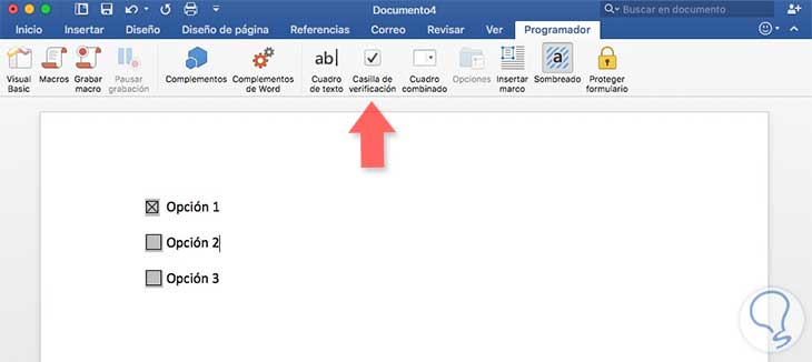 Cómo añadir casilla verificación en Word 2016 Windows y