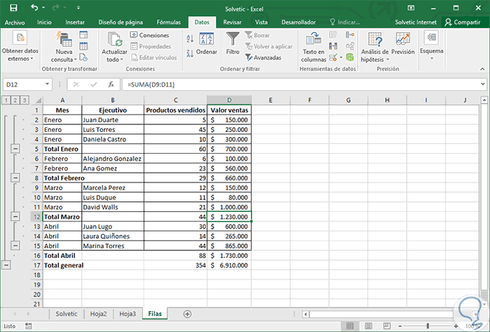 Agrupar o insertar filas y función SI anidada en Excel 2016 Solvetic