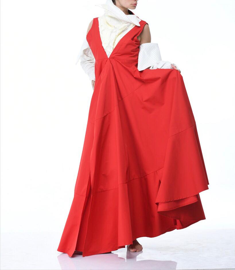 Red Maxi Cotton Dress OffShoulder With White Sleeves