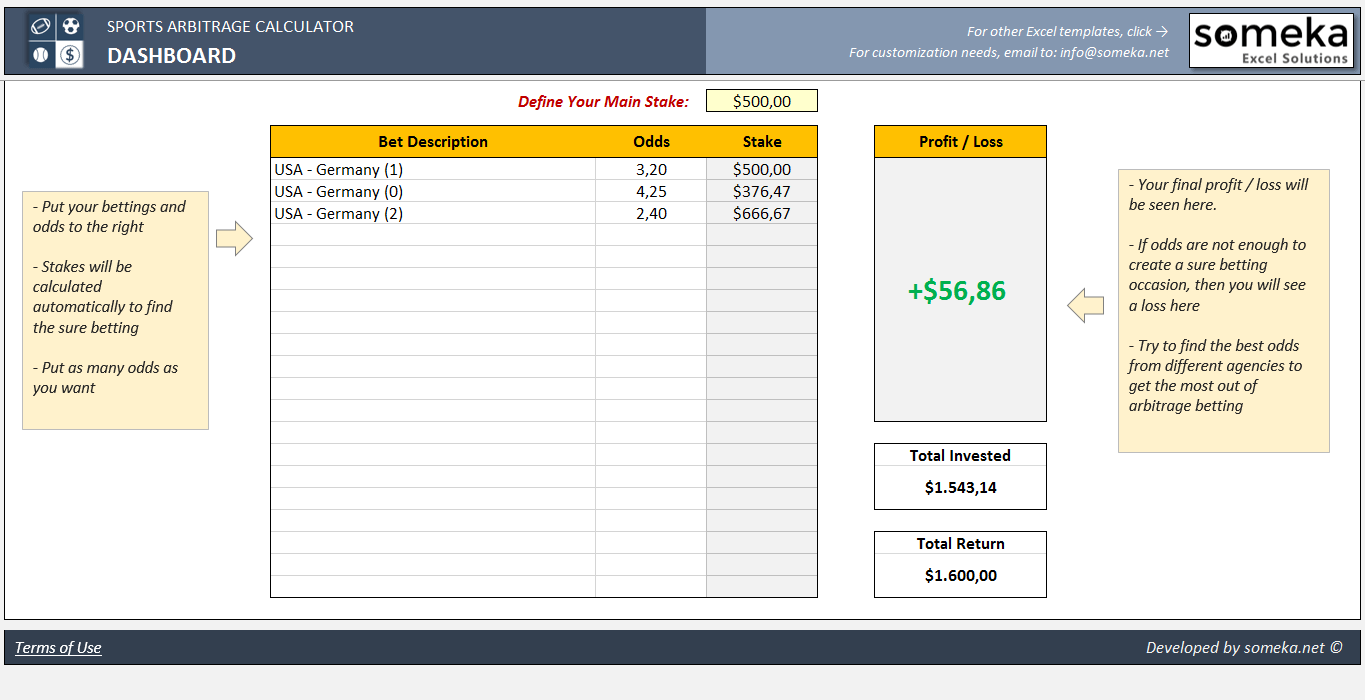 Sports Arbitrage Calculator Excel Template to Calculate Odds and Stakes