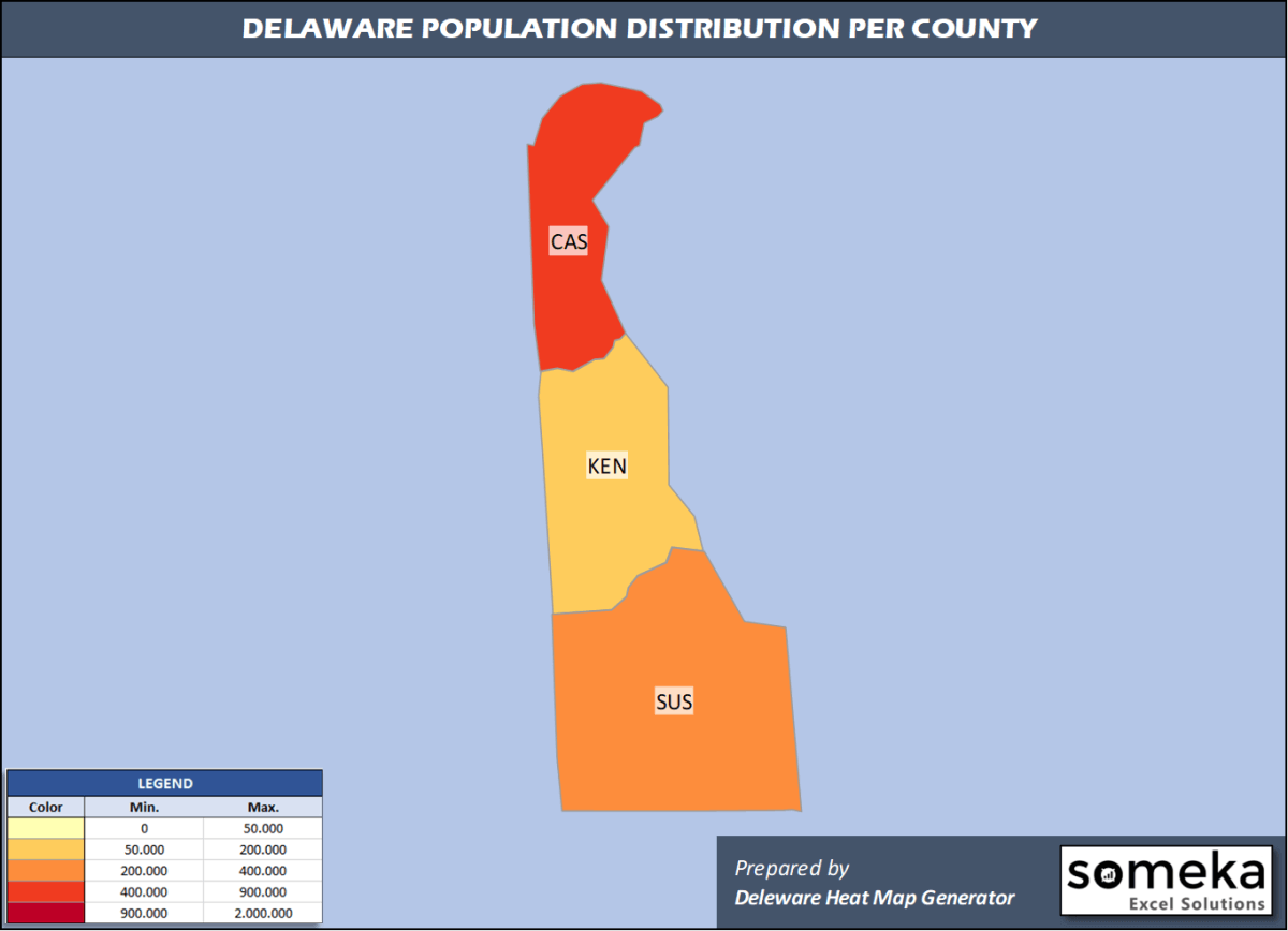 Delaware County Map and Population List in Excel