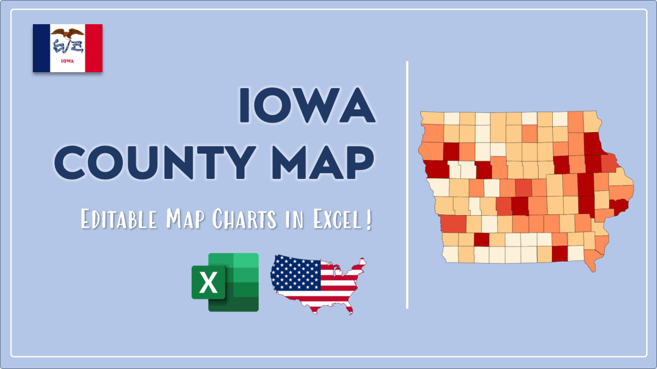 Iowa County Map and Population List in Excel