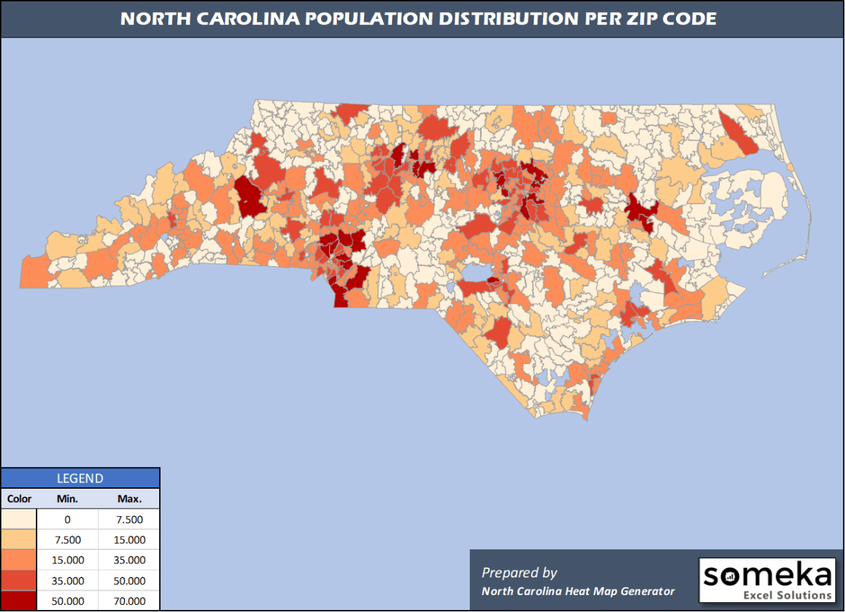 North Carolina Zip Code Map and Population List in Excel