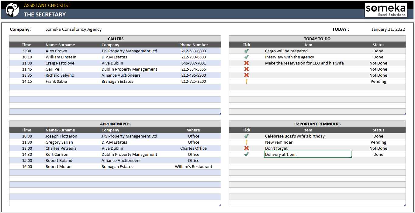 Executive Assistant Daily Checklist in Excel Printable Spreadsheet