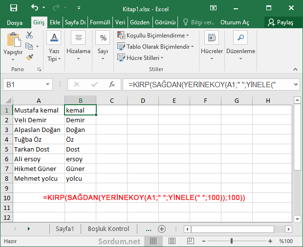 Excel'de Hücre içindeki isimleri Kısaltın
