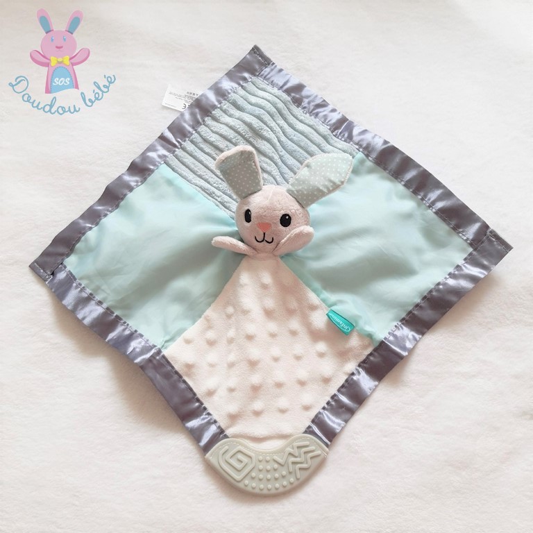 Doudou plat Lapin gris vert blanc papier froissé dentition