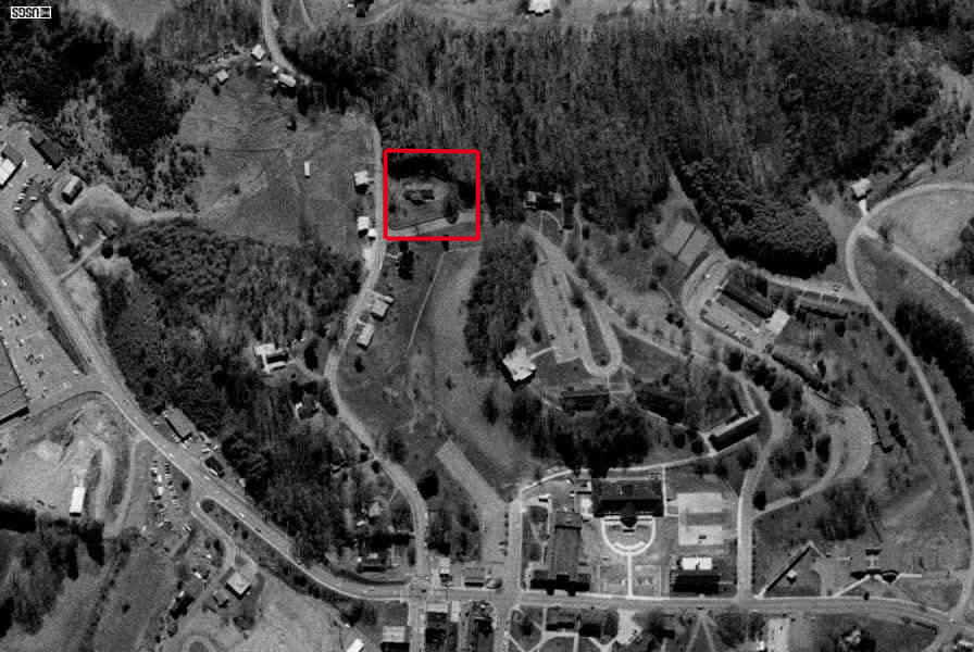 Aerial view of the town of Mars Hill, N.C. showing the house site(red box)
