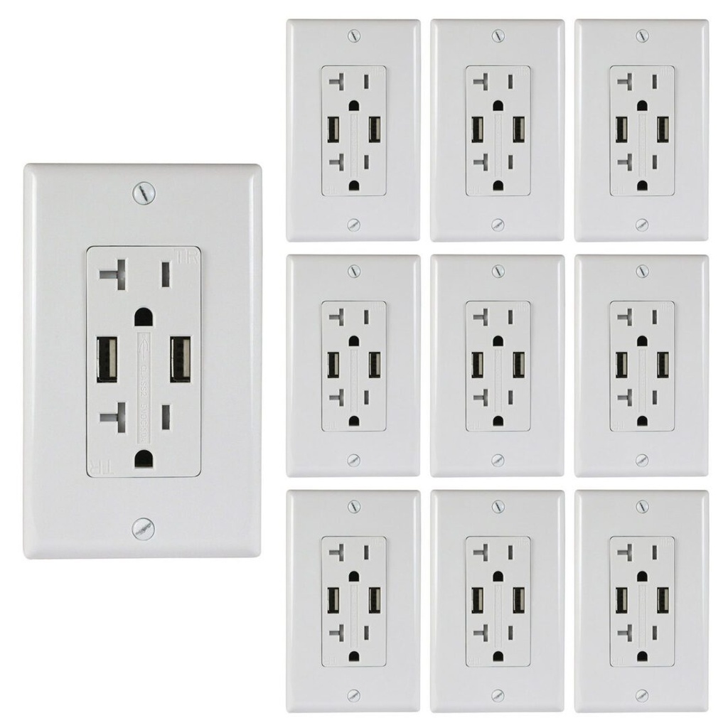 20A Duplex Wall Outlet with 2 USB Ports, White, Includes Wall Plate (10