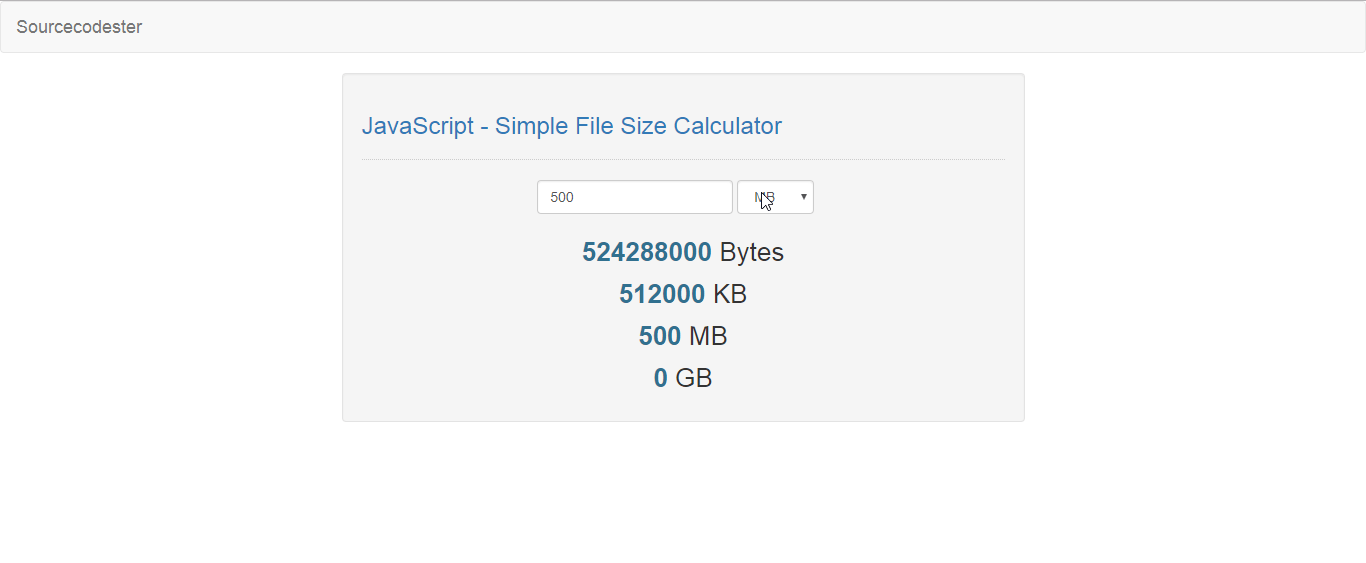JavaScript Simple File Size Calculator SourceCodester