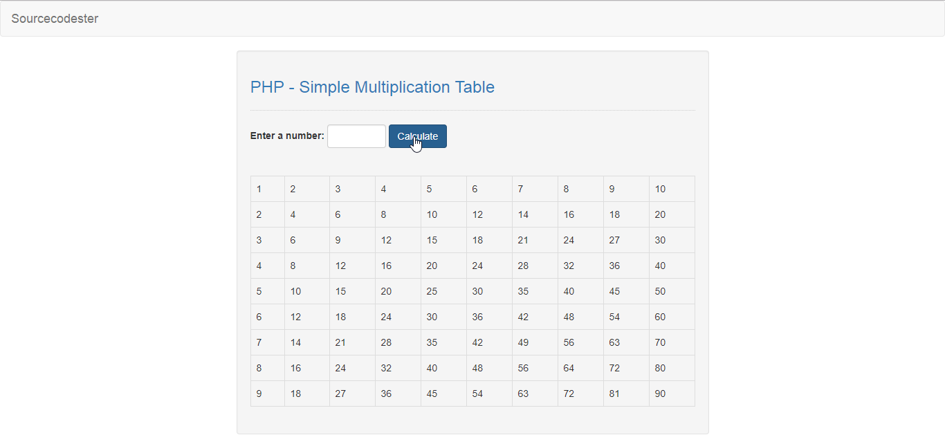 PHP Simple Multiplication Table SourceCodester