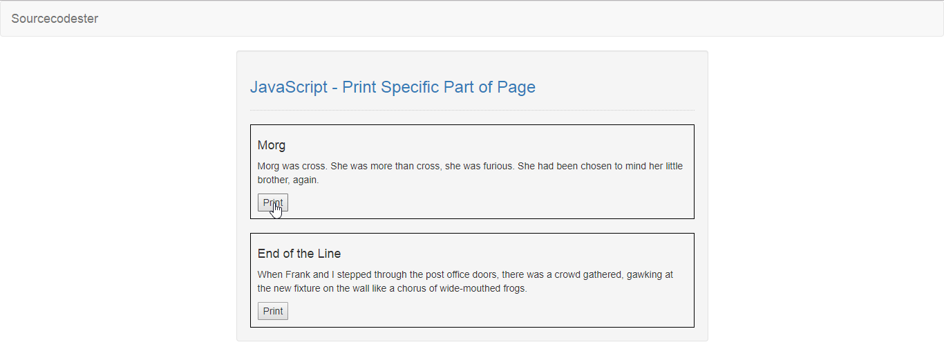 JavaScript Print Specific Part of Page SourceCodester