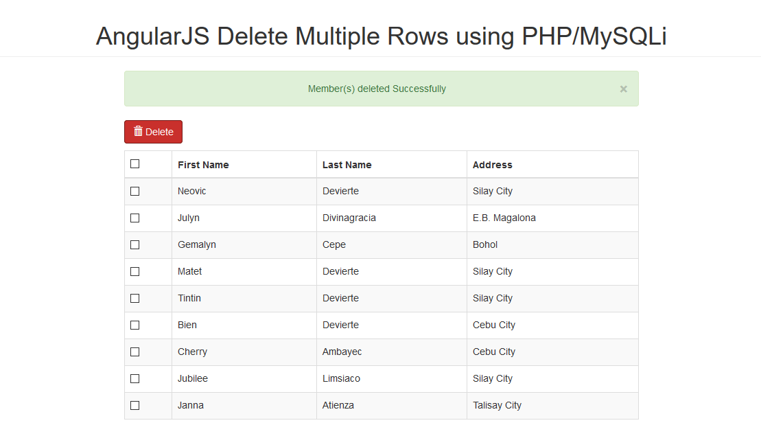 AngularJS Delete Multiple Rows using PHP/MySQLi SourceCodester