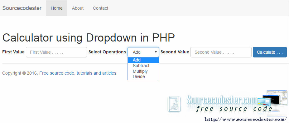Calculator using Dropdown in PHP Free Source Code, Projects & Tutorials