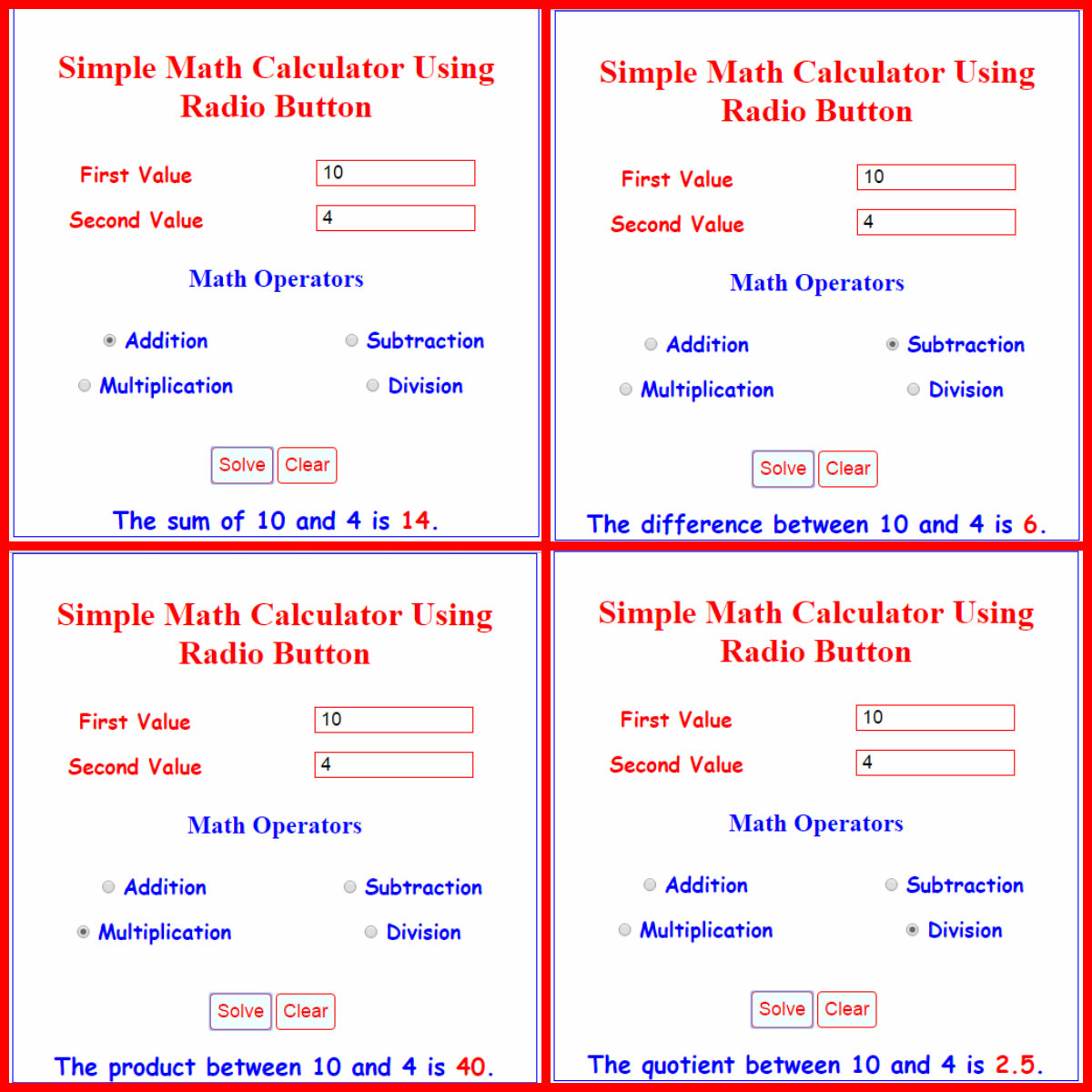 Simple Math Calculator Using Radio Button Free source code, tutorials