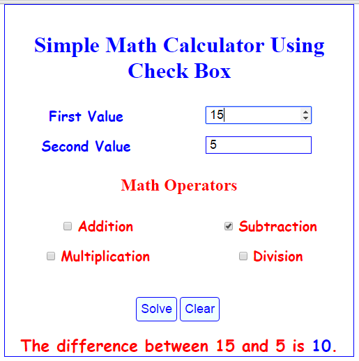 Simple Math Calculator Using CheckBox SourceCodester