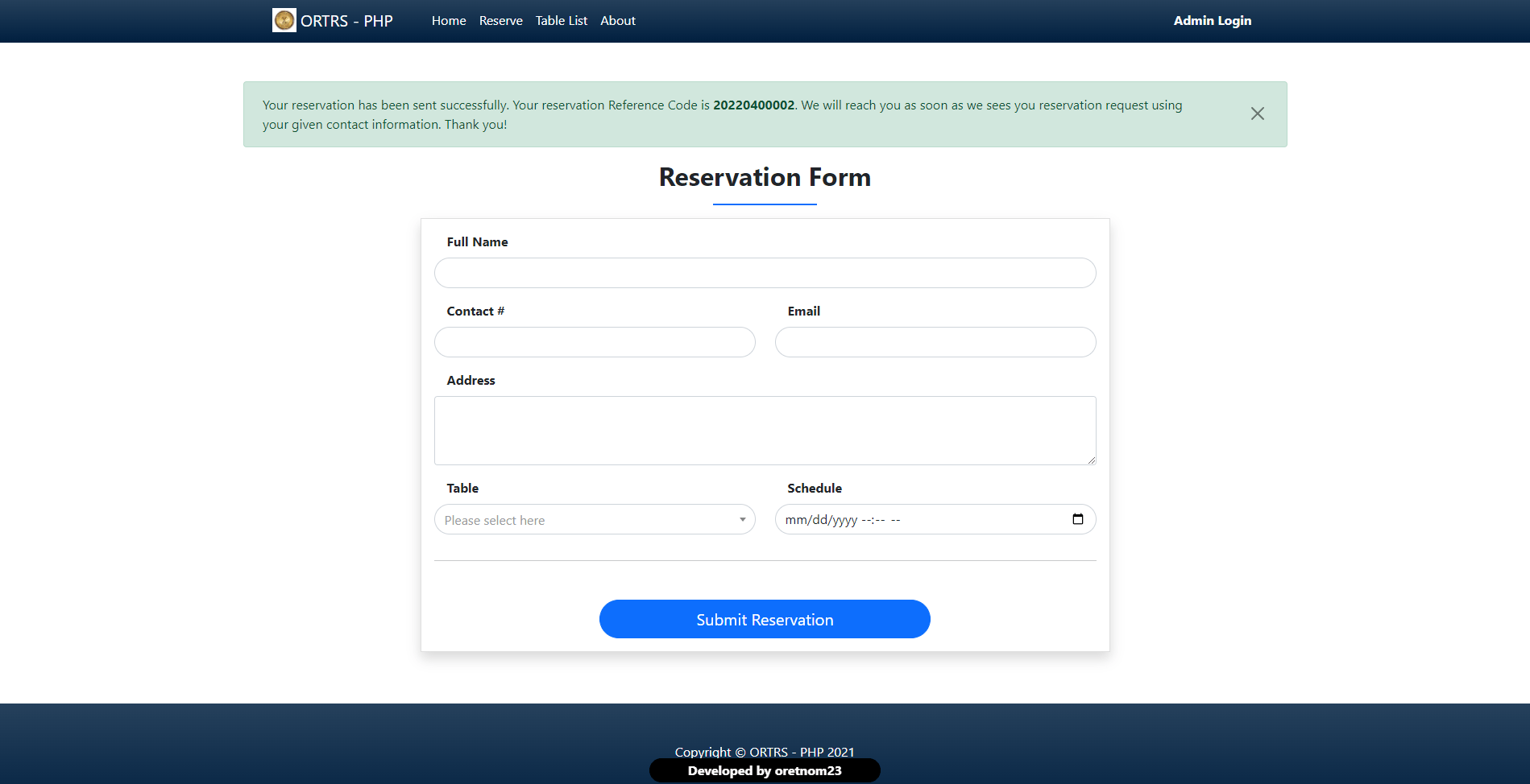 Online Restaurant Table Reservation System in PHP/OOP Free Source Code