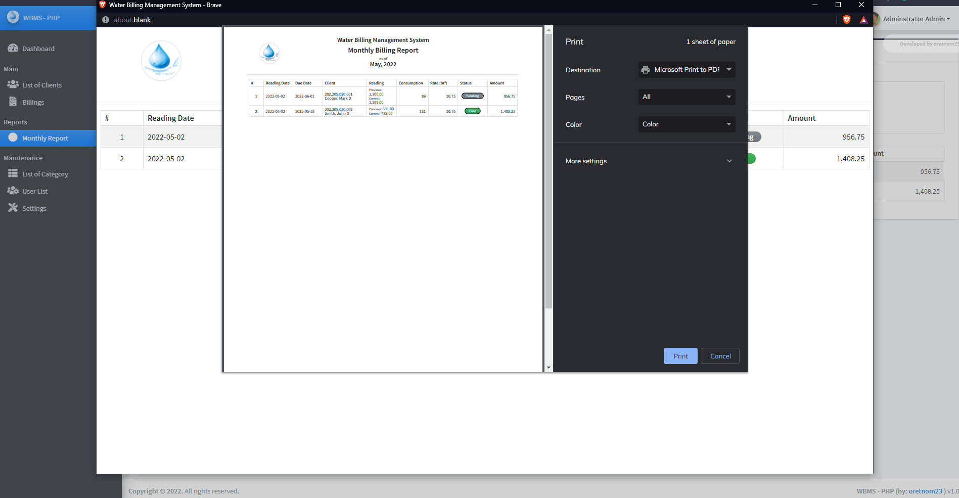Water Billing Management System in PHP/OOP Free Source Code