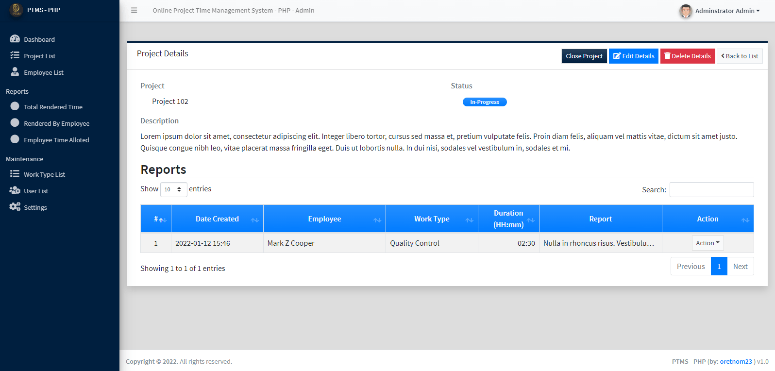 Online Project Time Management System in PHP/OOP Free Source Code