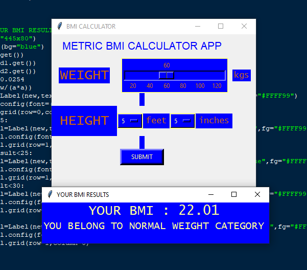 Metric BMI Calculator App using Python with Free Source Code
