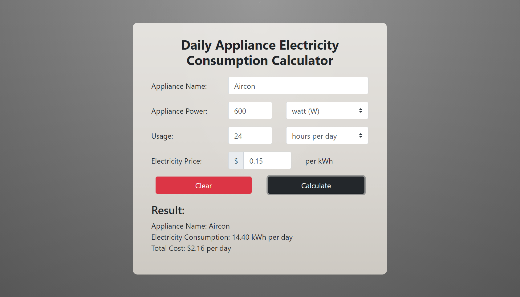 Daily Appliance Electricity Consumption Calculator Using HTML, CSS, and