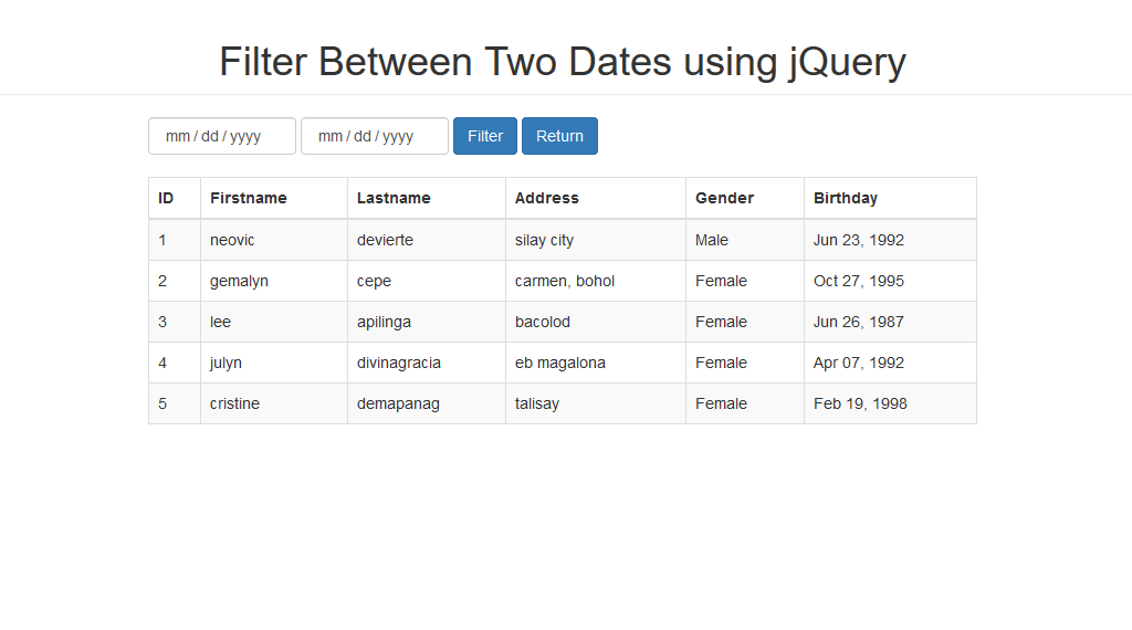 How to Filter Between Two Dates using jQuery with PHP/MySQLi