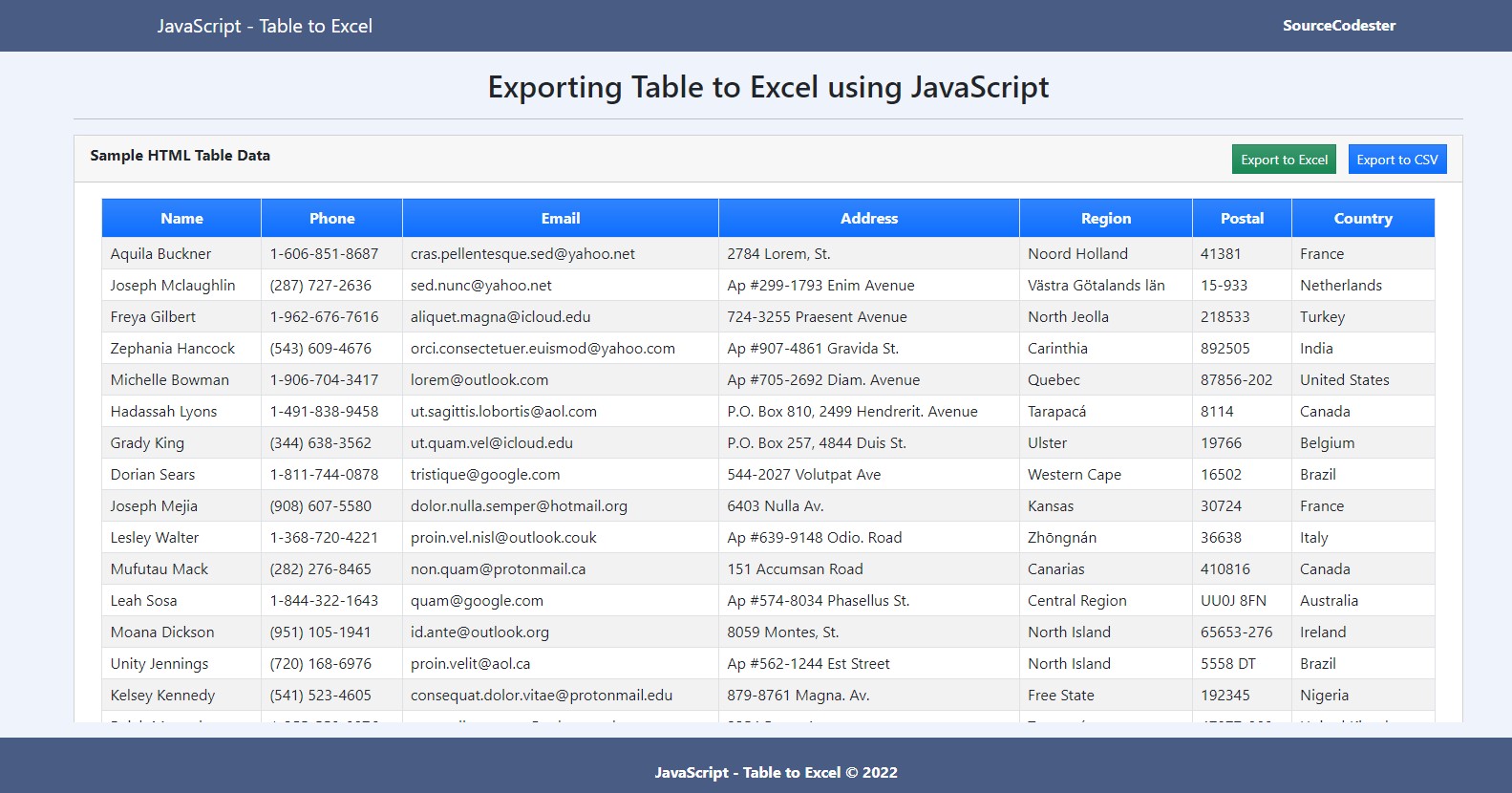 Exporting HTML Table to Excel [.xls, .csv] using JavaScript Tutorial