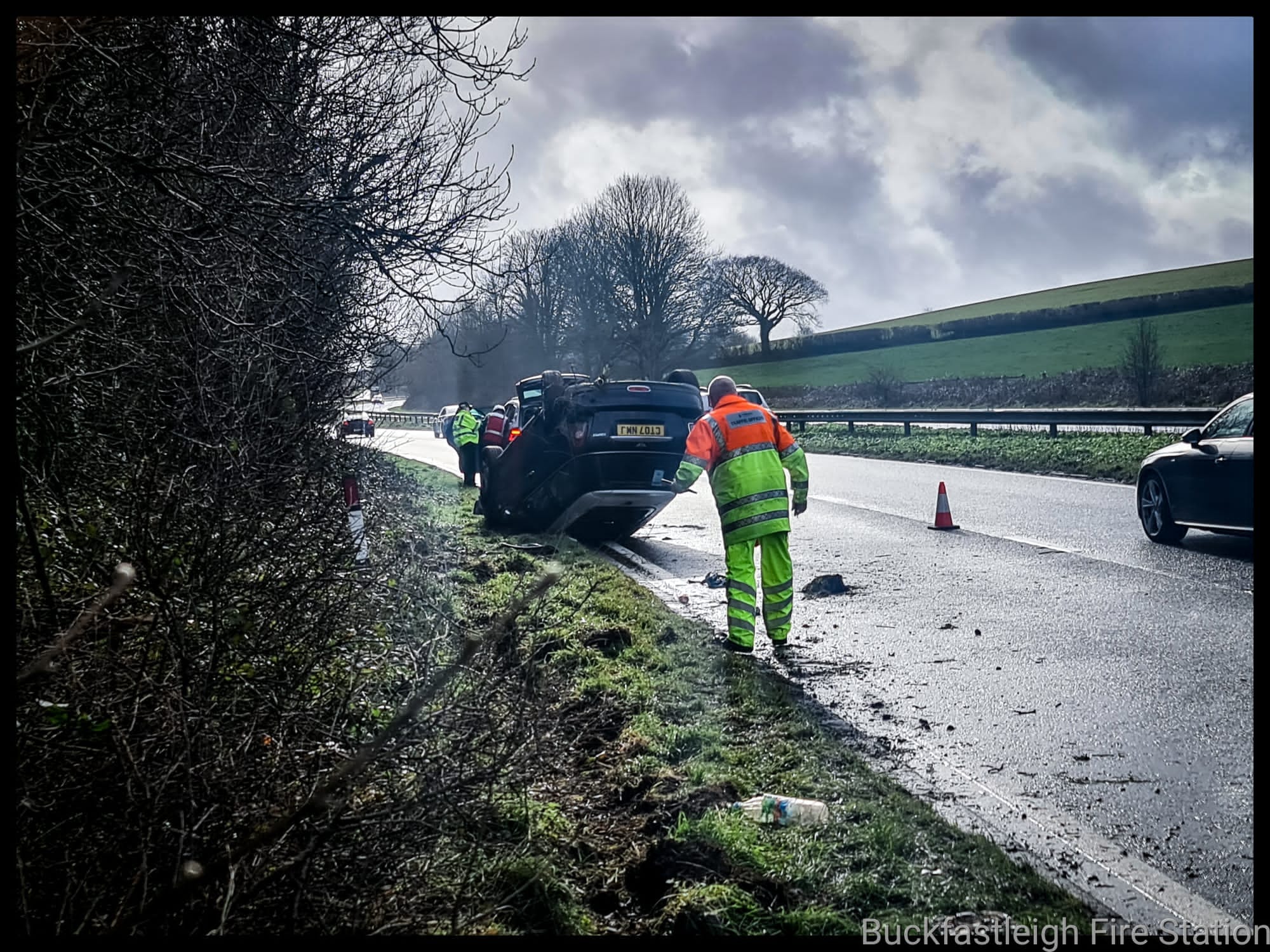 Buckfastleigh Fire Crew attend a vehicle on its roof South Devon News