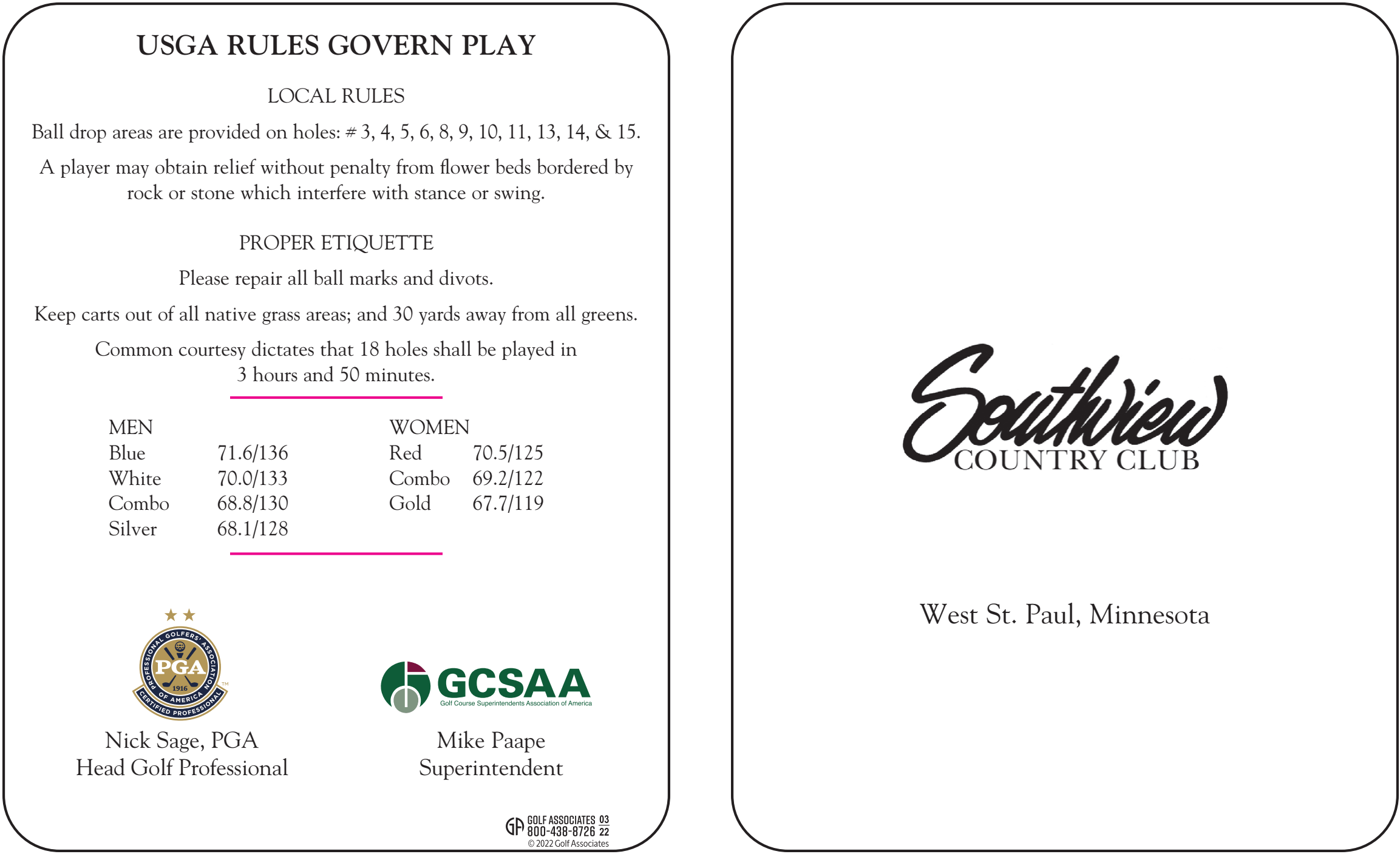 Southview Country Club Scorecard