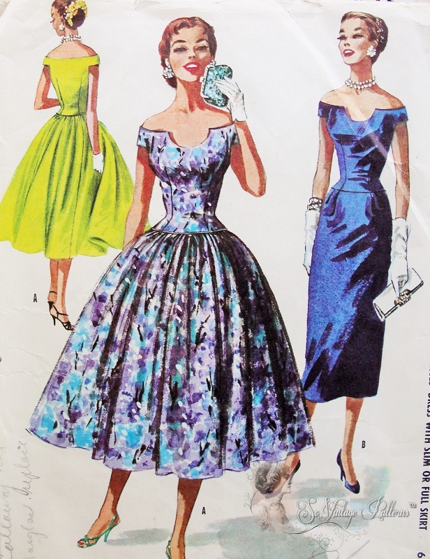 1950s STRIKING EVENING COCKTAIL DRESS PATTERN OFF THE SHOULDERS, UNIQUE