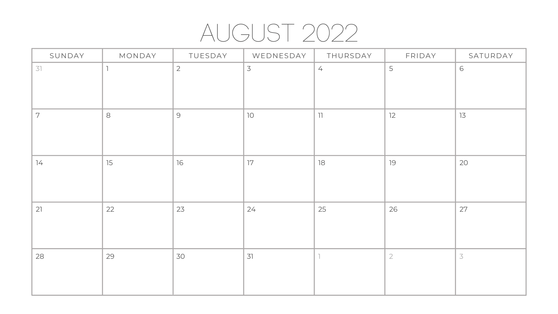 Free August 2022 Calendar PDF 14KB 1 Page(s)