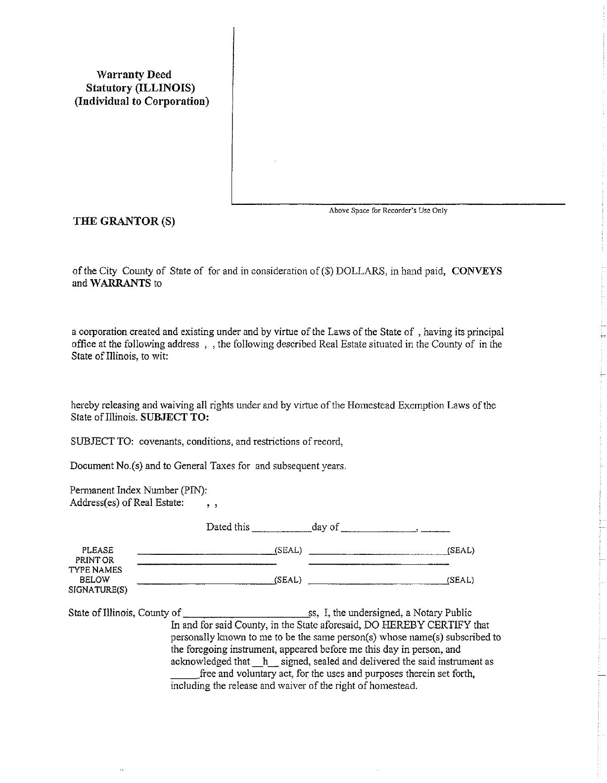 Free Illinois Warranty Deed Statutory (Individual to Corporation) PDF