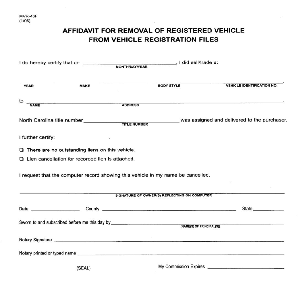 Free North Carolina Affidavit For Removal of Registered Vehicle From