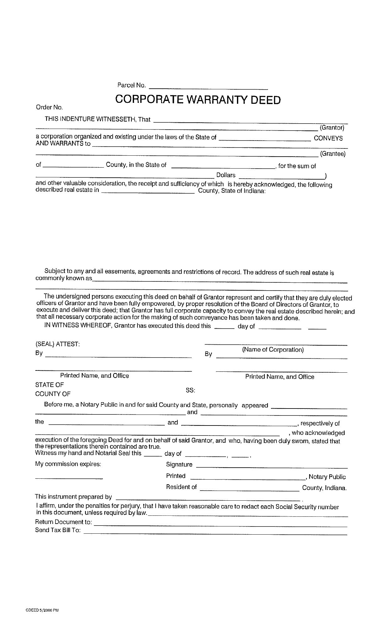 Free Indiana Corporate Warranty Deed PDF 41KB 1 Page(s)