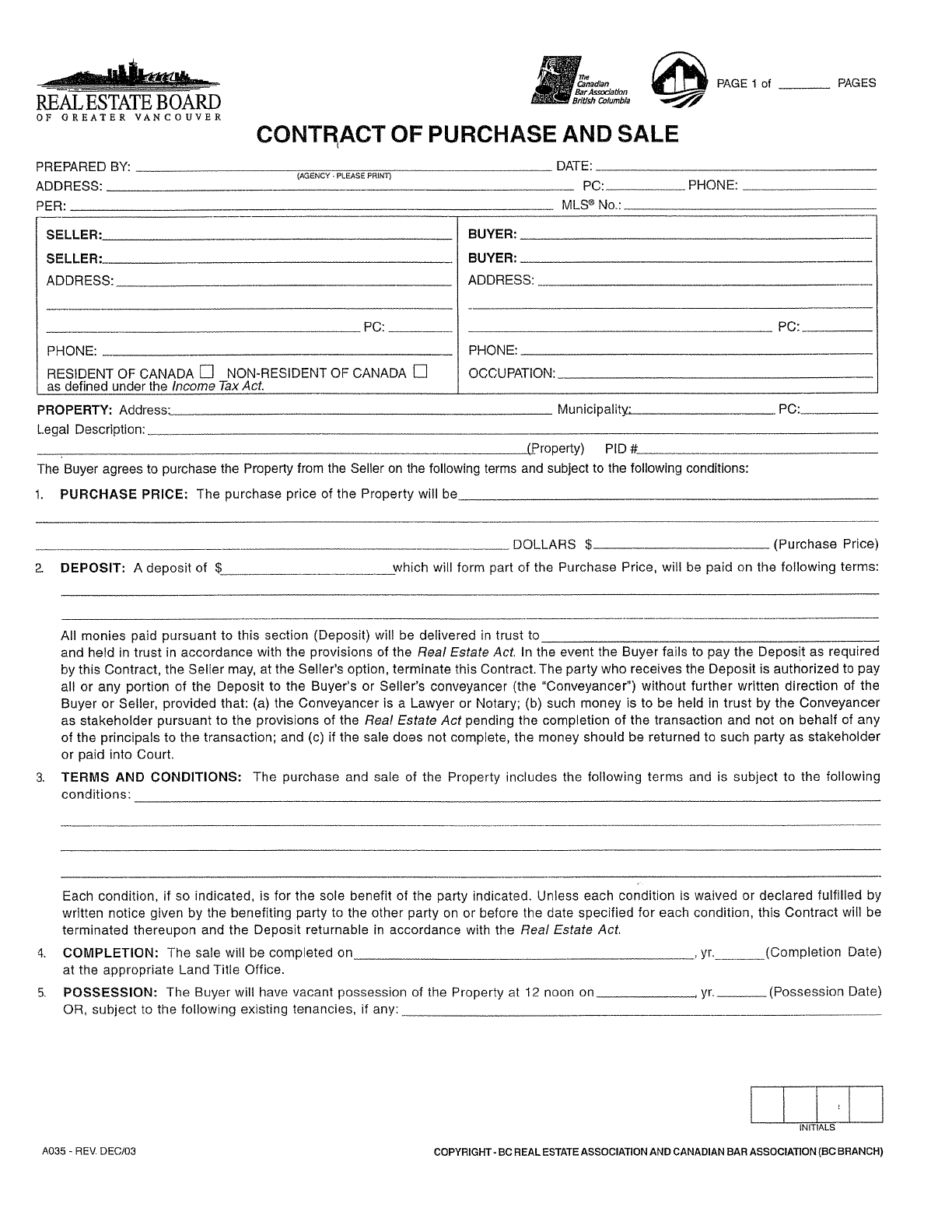 Free British Columbia Contract of Purchase and Sale Form PDF 385KB