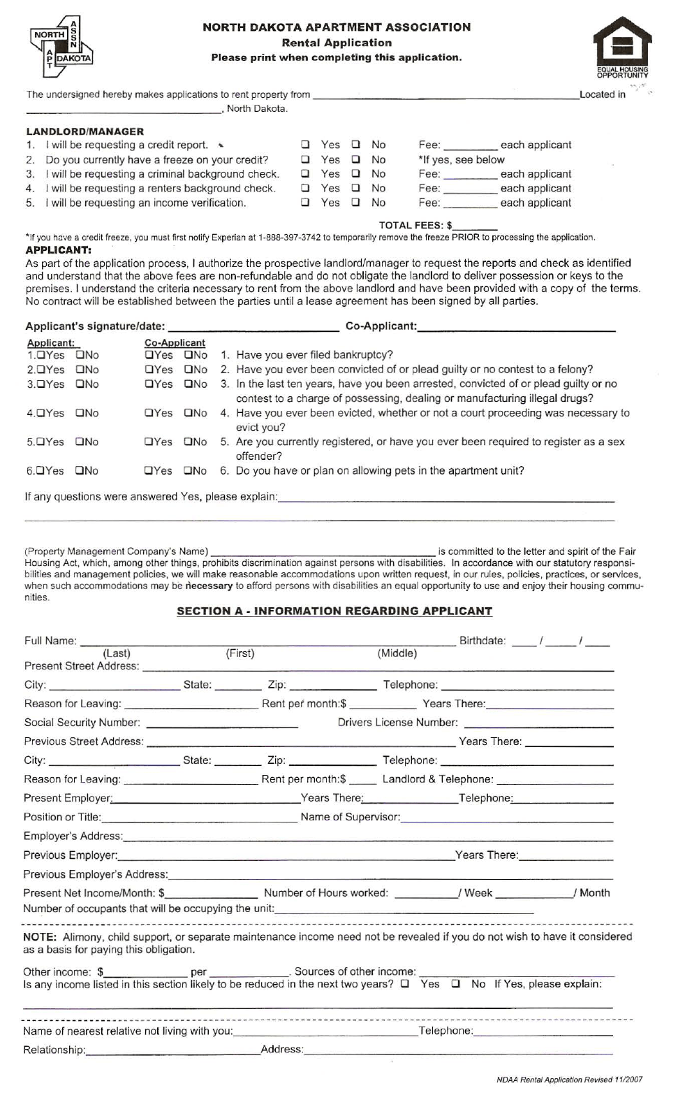 Free North Dakota Tenant Rental Application PDF 658KB 2 Page(s)