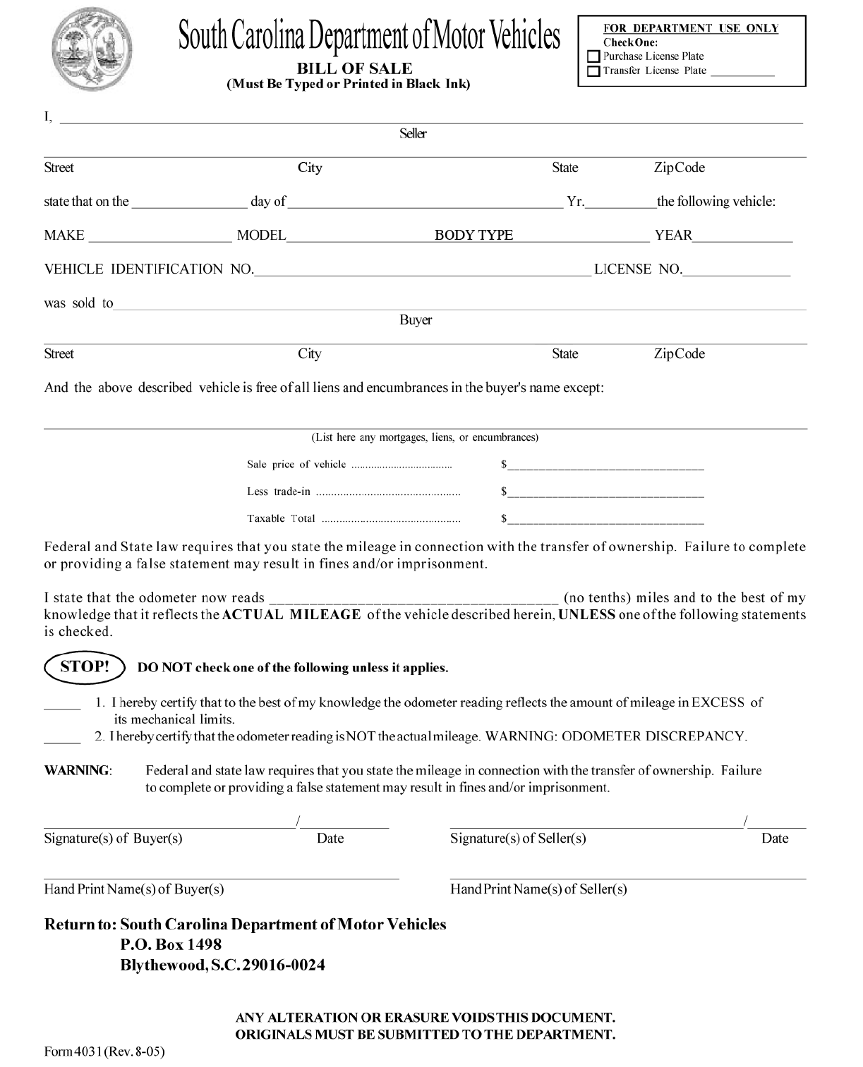 Free South Carolina Motor Vehicle Bill of Sale Form PDF 329KB 1