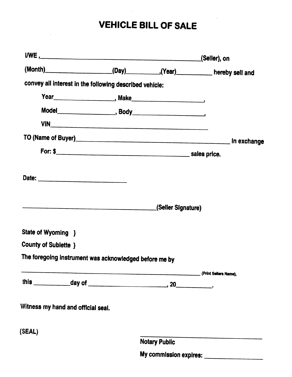 Free Sublette County Wyoming Bill of Sale PDF 20KB 1 Page(s)